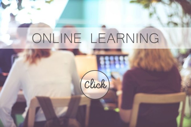 Online education banner over blur stdying people background, web