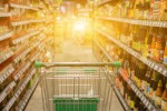 Abstract blurred photo of trolley in department store bokeh back