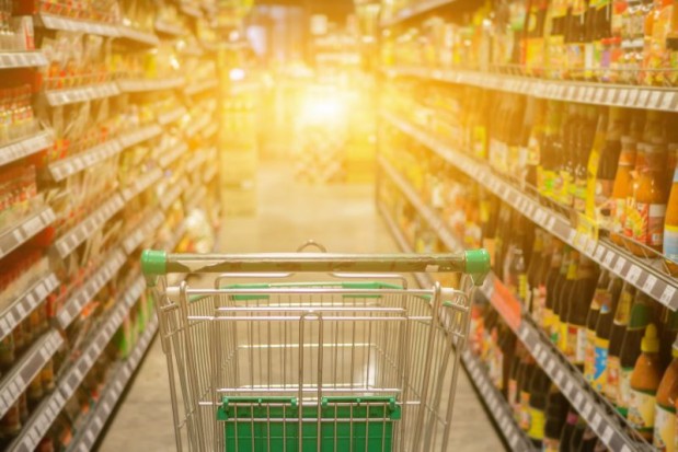 Abstract blurred photo of trolley in department store bokeh back